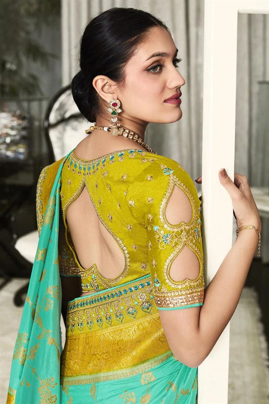 Fascinating Wedding Wear Sea Green Color Saree In Art Silk Fabric