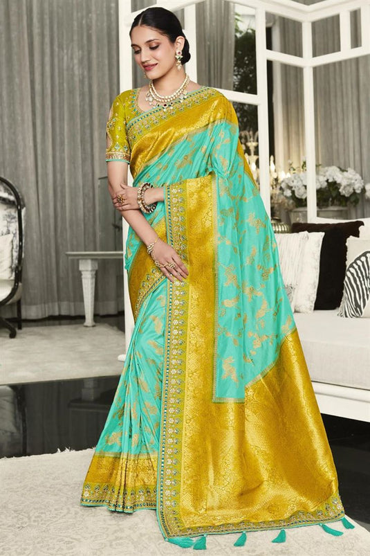 Fascinating Wedding Wear Sea Green Color Saree In Art Silk Fabric