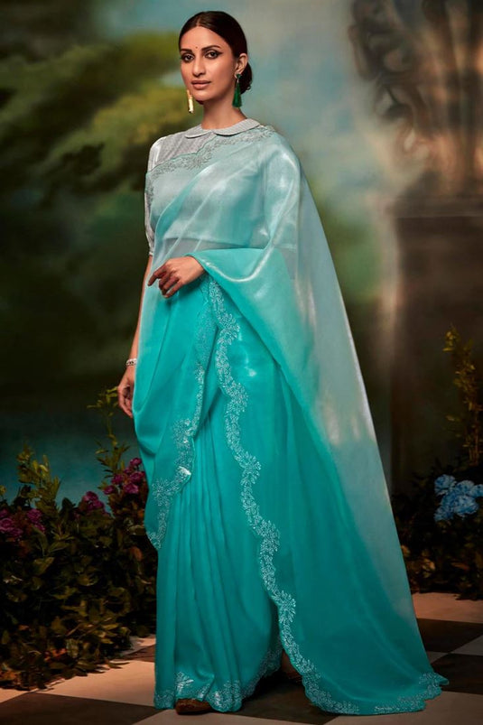 Cyan Color Art Silk Fabric Remarkable Fancy Work Saree