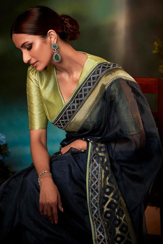 Navy Blue Color Art Silk Fabric Stylish Fancy Work Saree