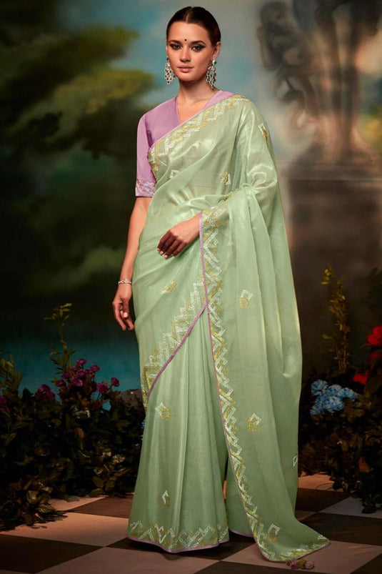 Green Saree Contrast Blouse Designer Onlne 2023