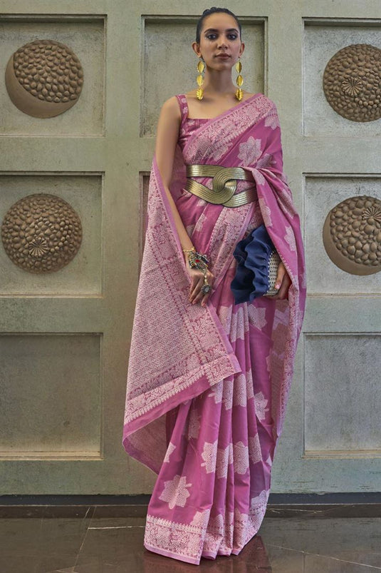 Designer Lucknowi Silk Pink Color Chickankari Saree