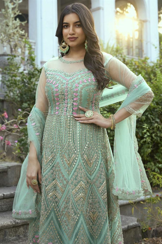 Dazzling Net Fabric Sea Green Color Function Style Anarklai Suit