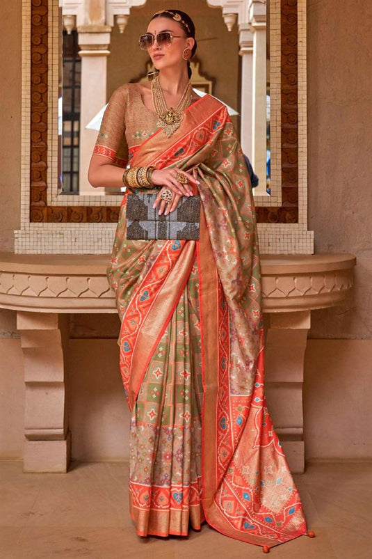 Mehendi Green Color Patola Silk Magnificent Saree In Function Wear