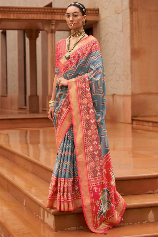 Patola Silk Imposing Function Wear Grey Color Saree