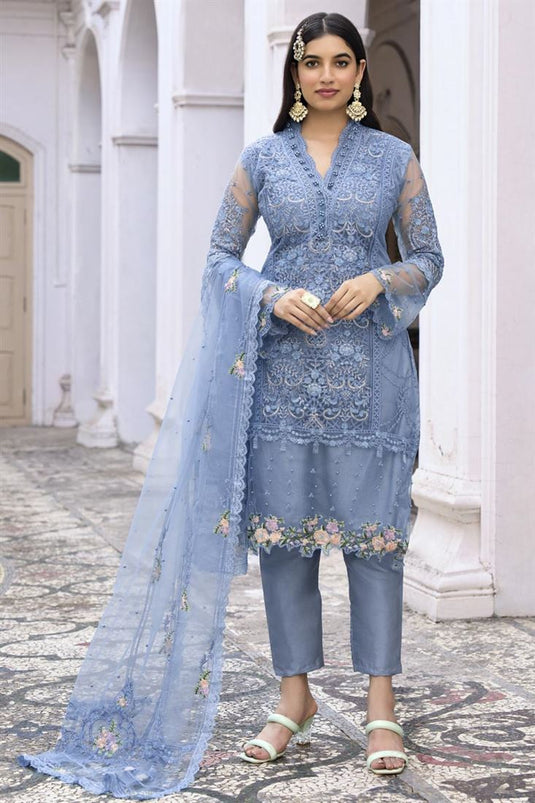 Party Wear Light Cyan Color Net Fabric Fascinating Salwar Suit