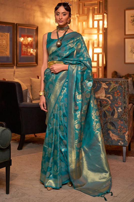 Teal Color Art Silk Fabric Adorming Party Style Saree