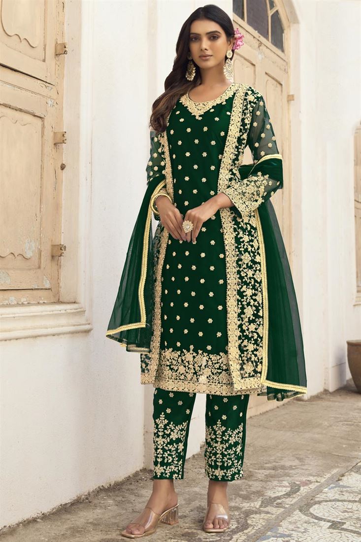 Pine Green Embroidered Net Pant Kameez | Simple frocks, Stylish dresses for  girls, Green suit women