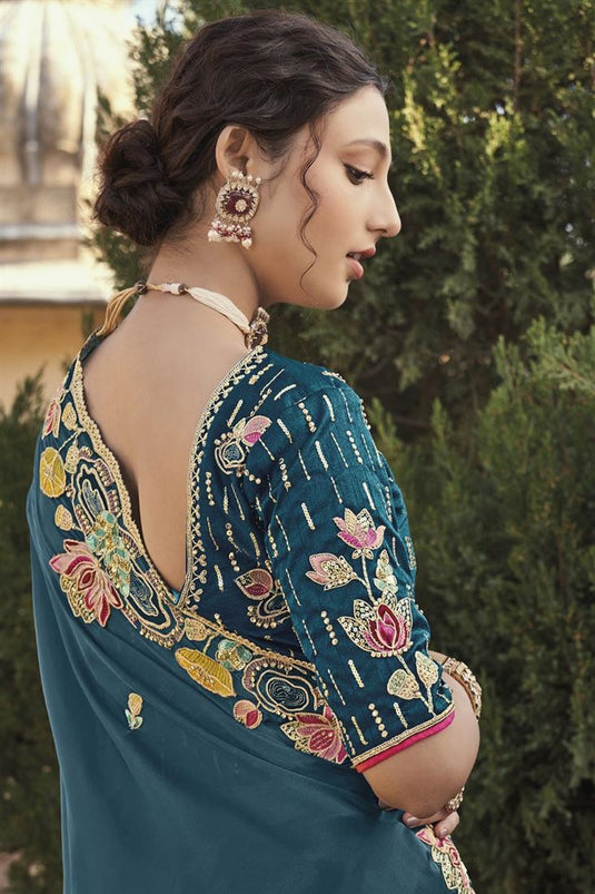 Teal Color Function Wear Silk Fabric Incredible Embroidered Saree