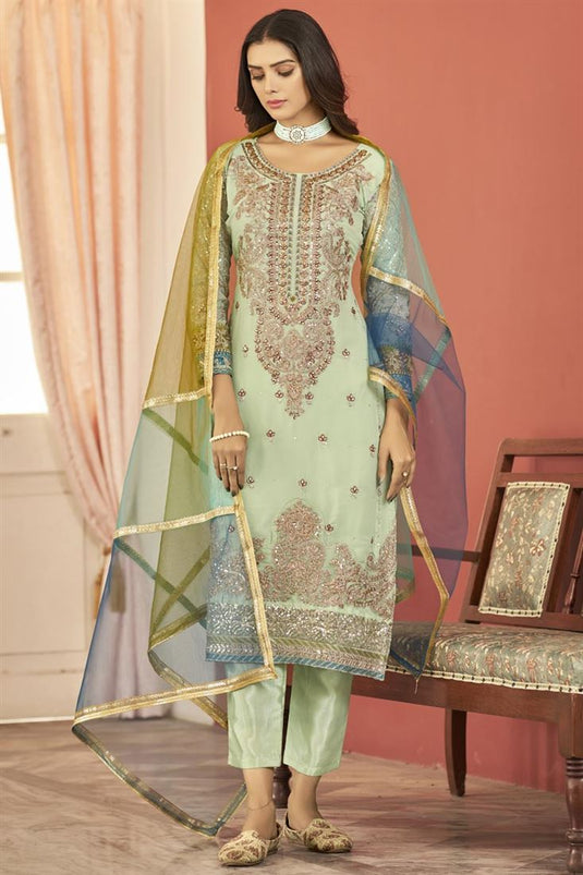 Georgette Fabric Function Wear Brilliant Salwar Suit In Sea Green Color