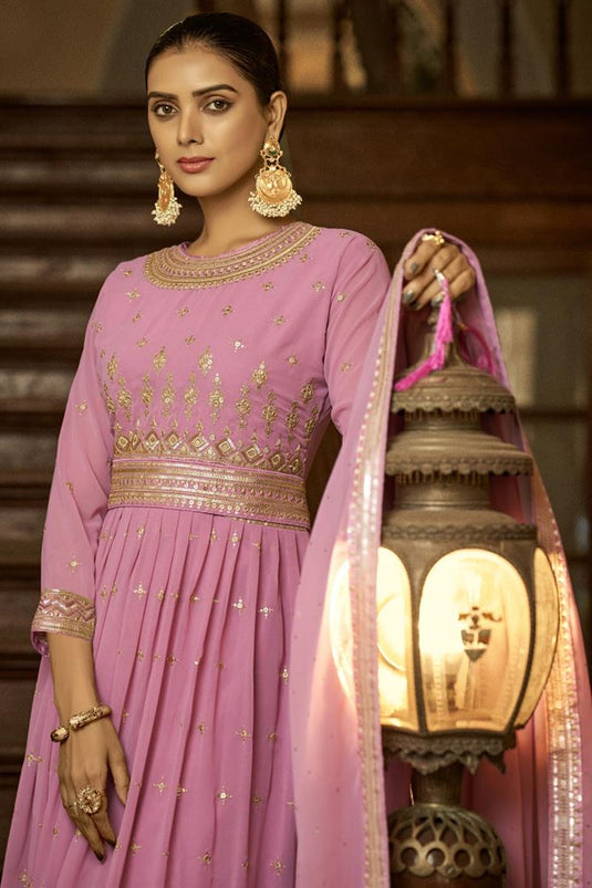 Stunning Pink Color Sequins Work Georgette Anarkali Suit