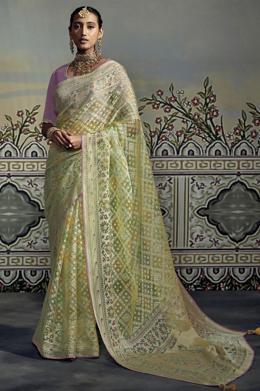 Cream Color Organza Saree With Beautiful Embroidery Work Blouse