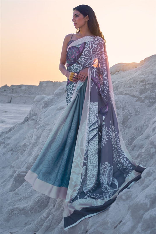 Multi Color Pure Satin Crepe Saree And Digital Printed Blouse