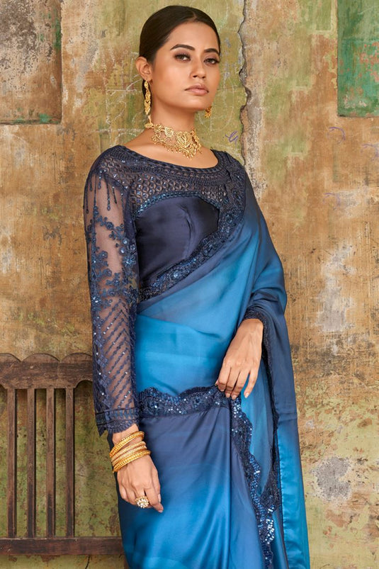 Blue Satin Border Work Saree for Party