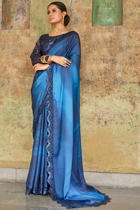 Blue Satin Border Work Saree for Party