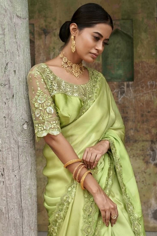 Green Satin Saree with Border Work