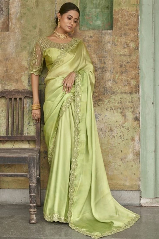 Green Satin Saree with Border Work