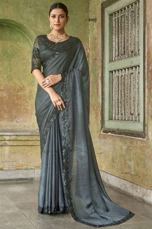 Grey Satin Saree for Party look