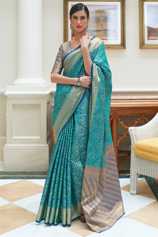 Cyan Color Weaving Work Traditional Saree