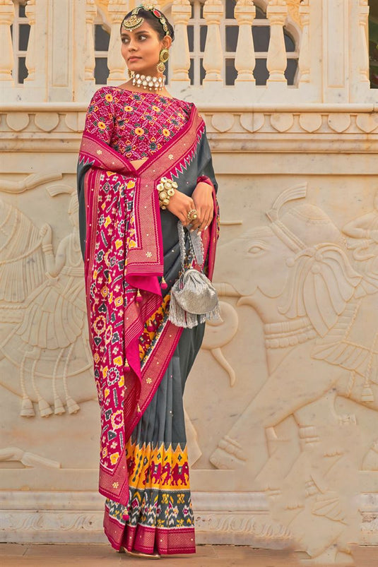 Dark Grey Embroidered Patola Cotton Silk Saree