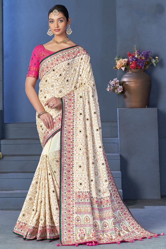 Refreshing Patch Border Designer Off White Saree