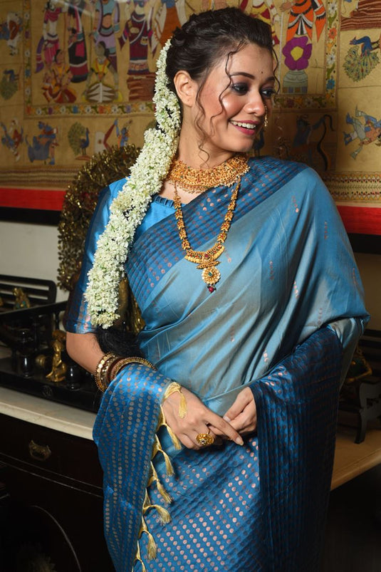 Unique Cyan Soft Silk Saree With Blouse