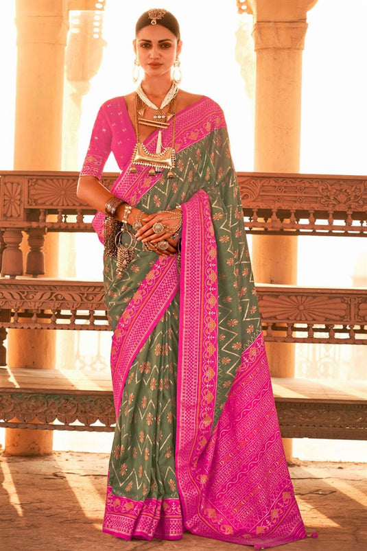 Silk Saree In Olive And Pink