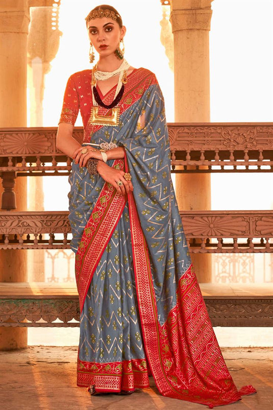 Grey And Red Patola Print Festival Trendy Saree