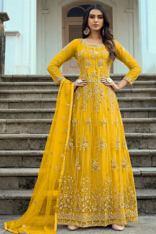 Embroidered Long Length Anarkali Suit In Yellow