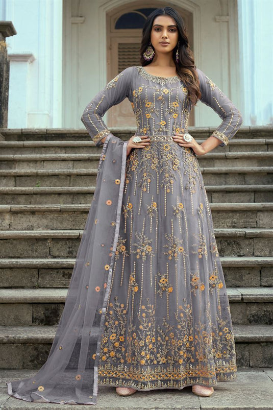 Embroidered Net Trendy Anarkali Suit In Grey