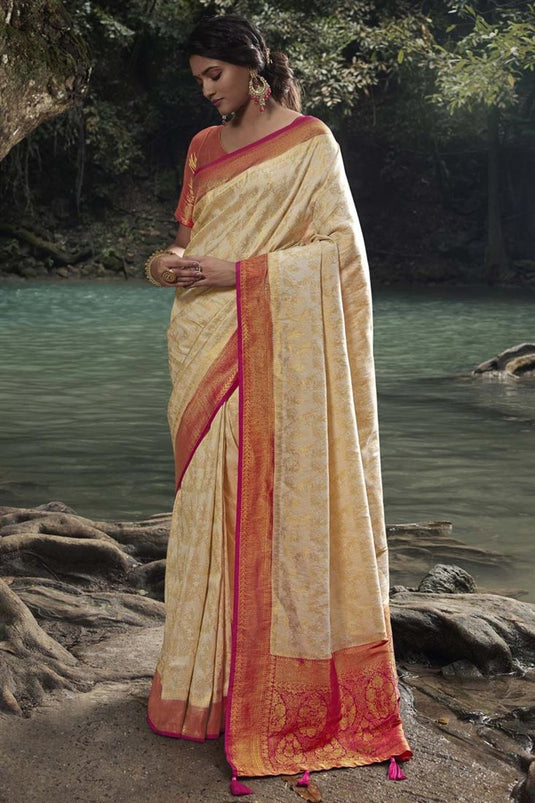 Kanjivaram Silk Zari Weaving Work Beige Color Classic Saree