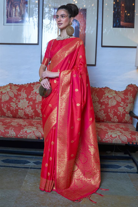 Appealing Weaving Work On Art Silk Fabric Party Look Saree In Red Color