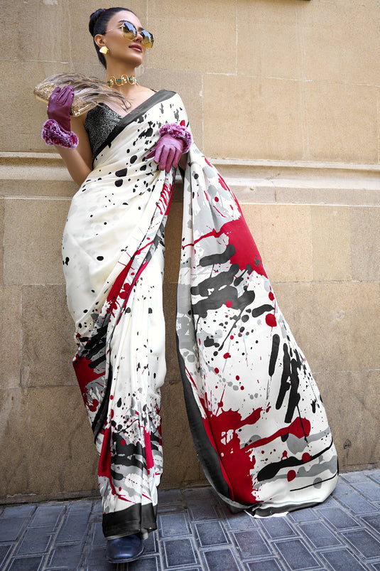 Off White Color Engaging Satin Casual Saree With Printed Work