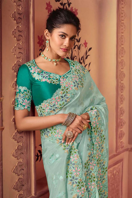 Sushrii Mishraa Brilliant Georgette Fabric Party Style Saree In Light Cyan Color