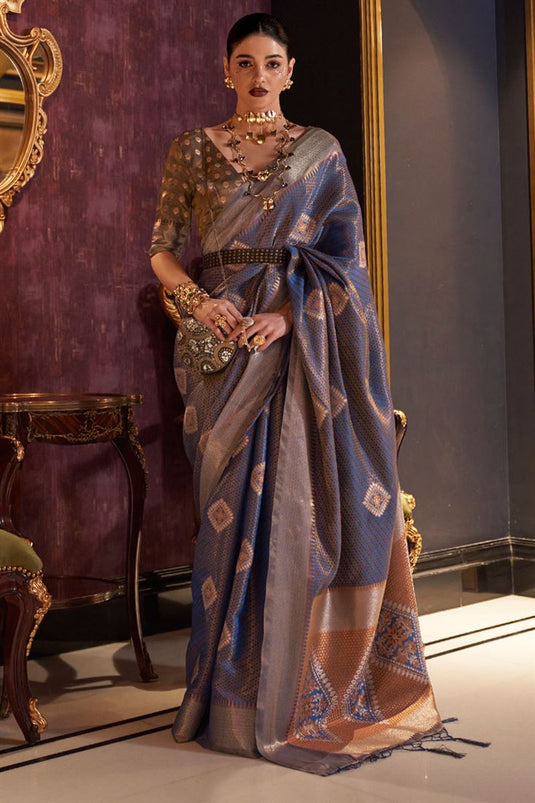 Dazzling Weaving Work On Blue Color Saree In Art Silk Fabric