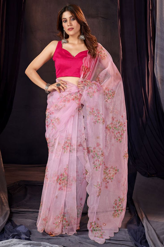 Pink Color Pleasance Digital Printed Work Organza Saree