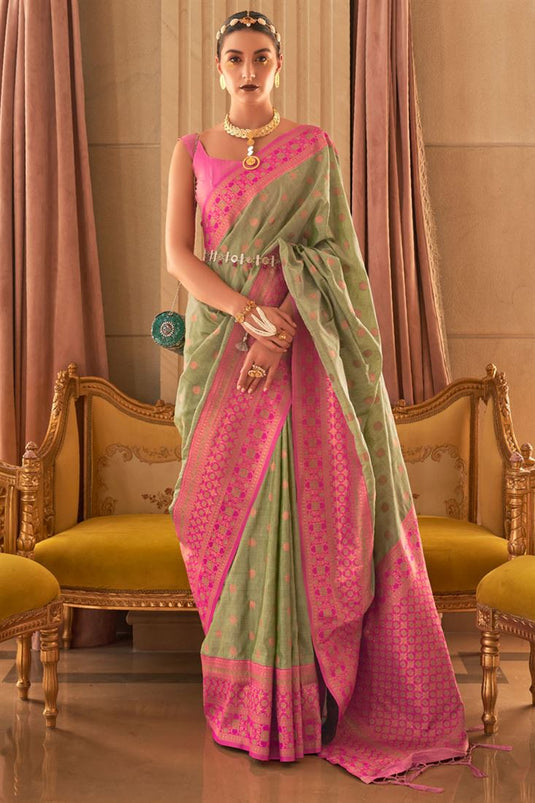 Olive Color Imperial Silk Fabric Weaving Designs Saree