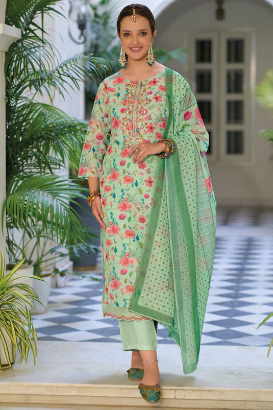 Sea Green Color Printed Awesome Linen Fabric Readymade Salwar Suit