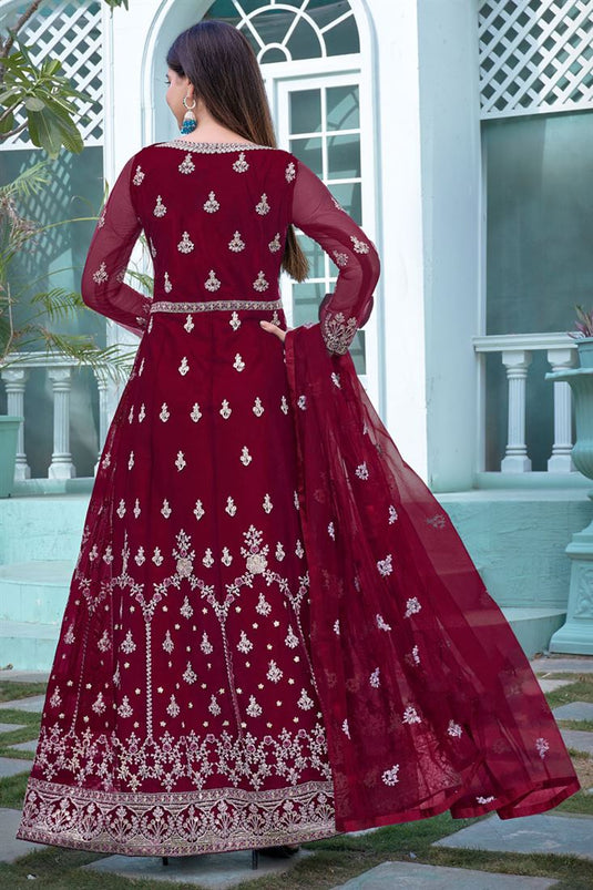 Maroon Color Net Fabric Embroidered Radiant Anarkali Suit