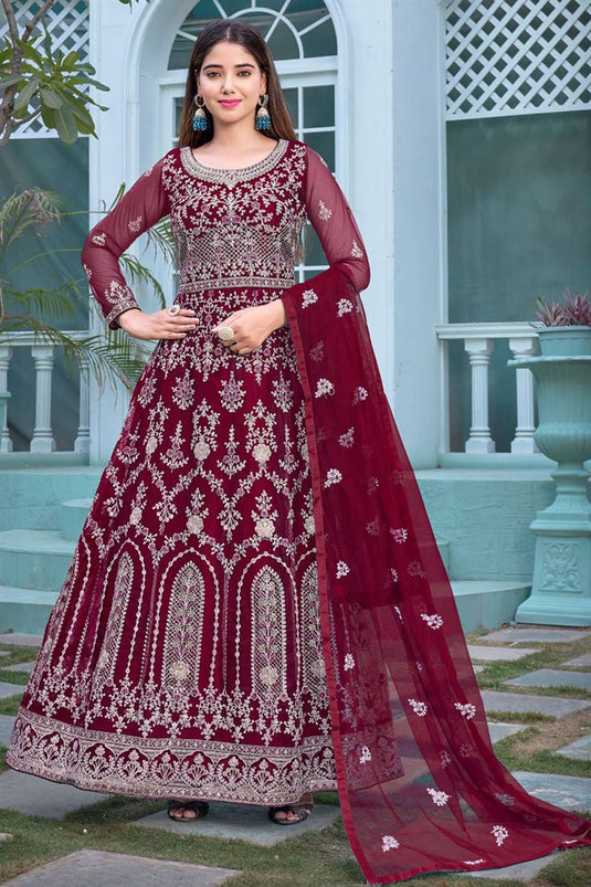 Maroon Color Net Fabric Embroidered Radiant Anarkali Suit