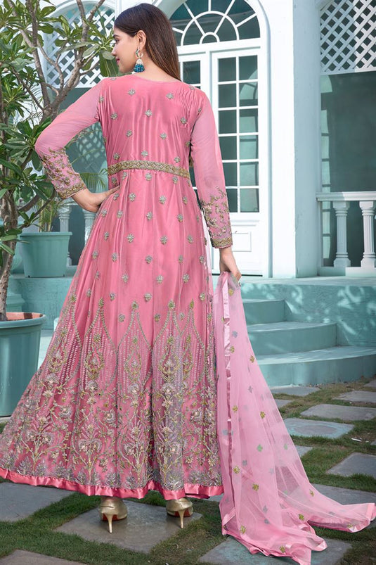 Mesmeric Pink Color Embroidered On Net Anarkali Suit