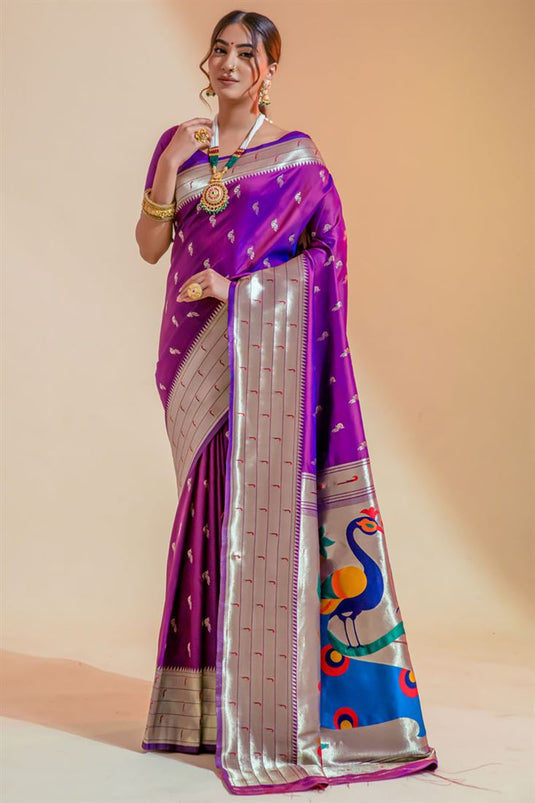 Purple Color Weaving Work On Engrossing Saree In Art Silk Fabric