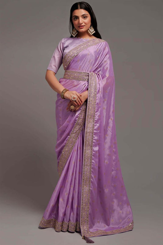 Festive Celebration Lavender Chinon Saree with Border Work