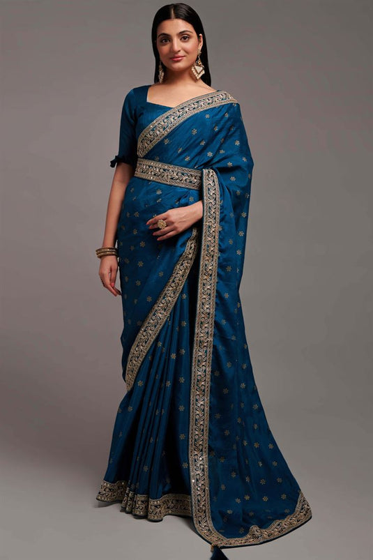 Graceful Blue Chinon Saree with Border Work