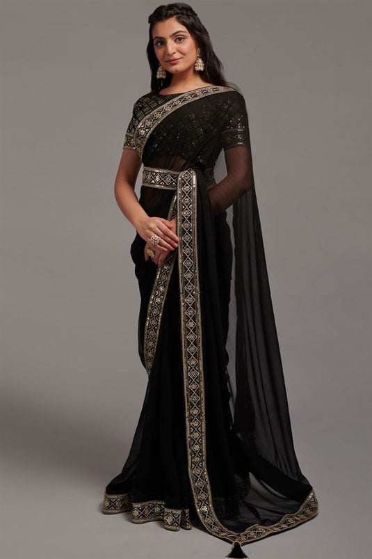 Elegant Chinon Fabric Function Black Color Saree with Border Work