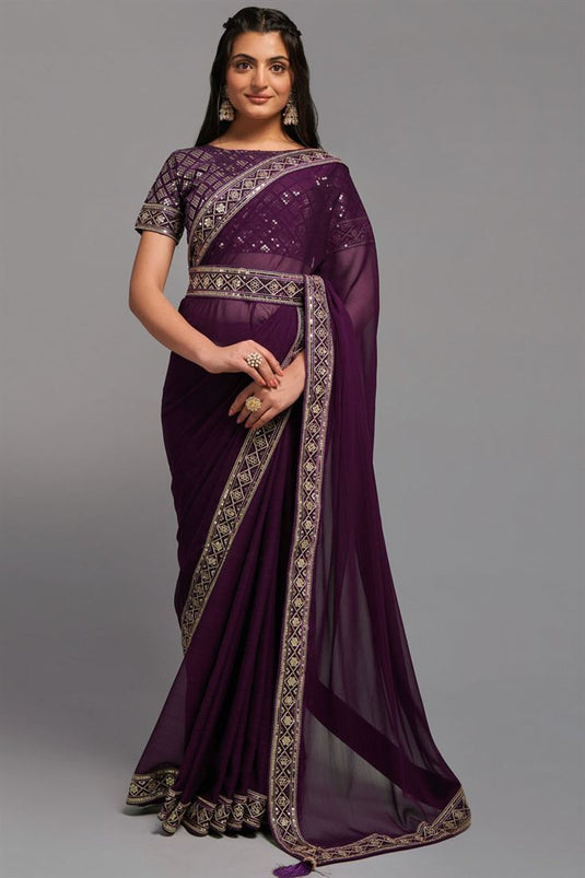 Purple Color Classic Chinon Fabric Saree with Border Work