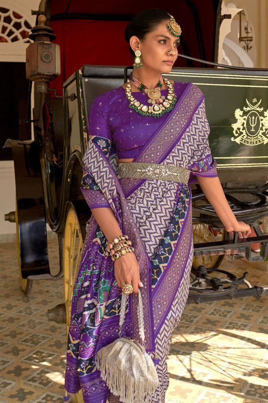 Printed Patola Silk Fabric Sangeet Wear Purple Color Designer Saree