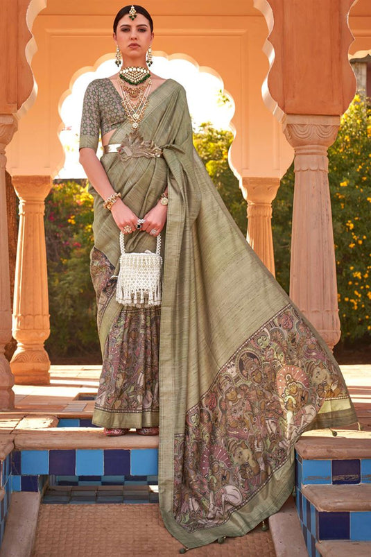 Festive Wear Printed Patola Silk Fabric Olive Color Saree