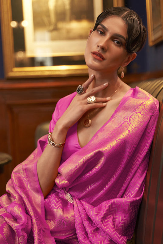 Sangeet Wear Classic Satin Silk Fabric Rani Color Weaving Work Saree