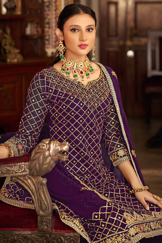 Party Wear Purple Color Embroidered Palazzo Salwar Suit In Chinon Fabric